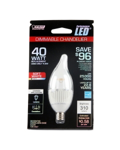 Feit Clear 40W-Eq Soft White Flame Tip Candle LED Bulb Small Base CFC-DM-300